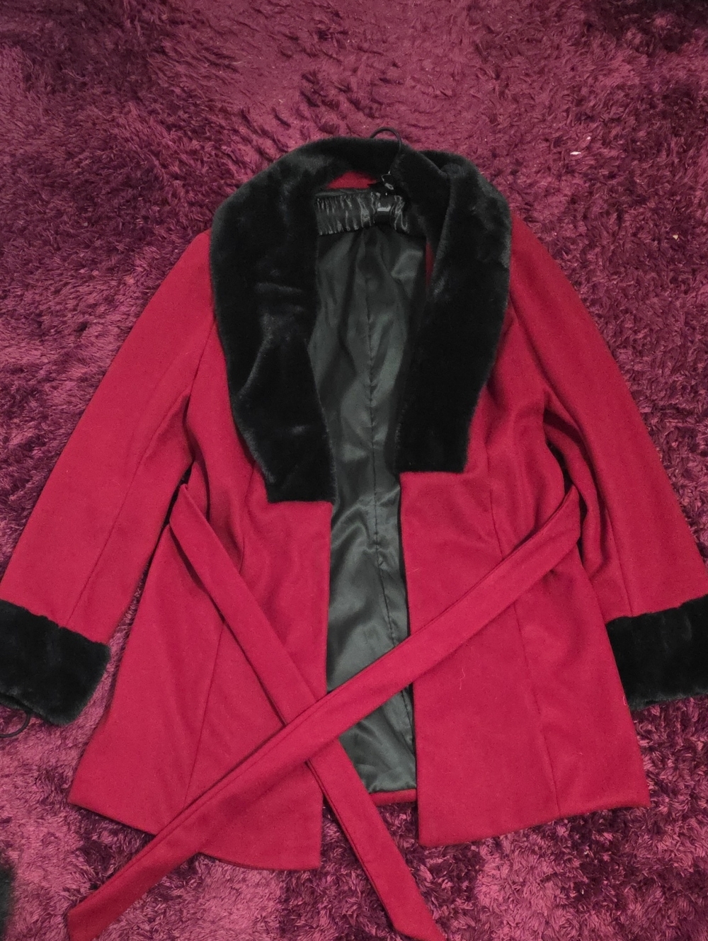 Women's Burgundy Wrap Coat with Black Faux-Fur Trim